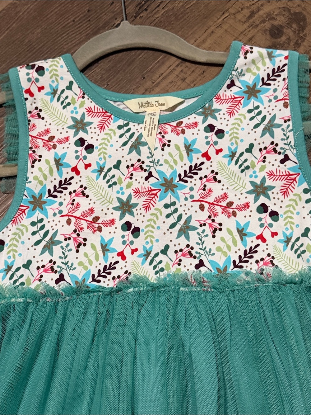 Matilda Jane Teal Mesh Floral Bodice Dress with Pink Trim - Picture 2 of 4